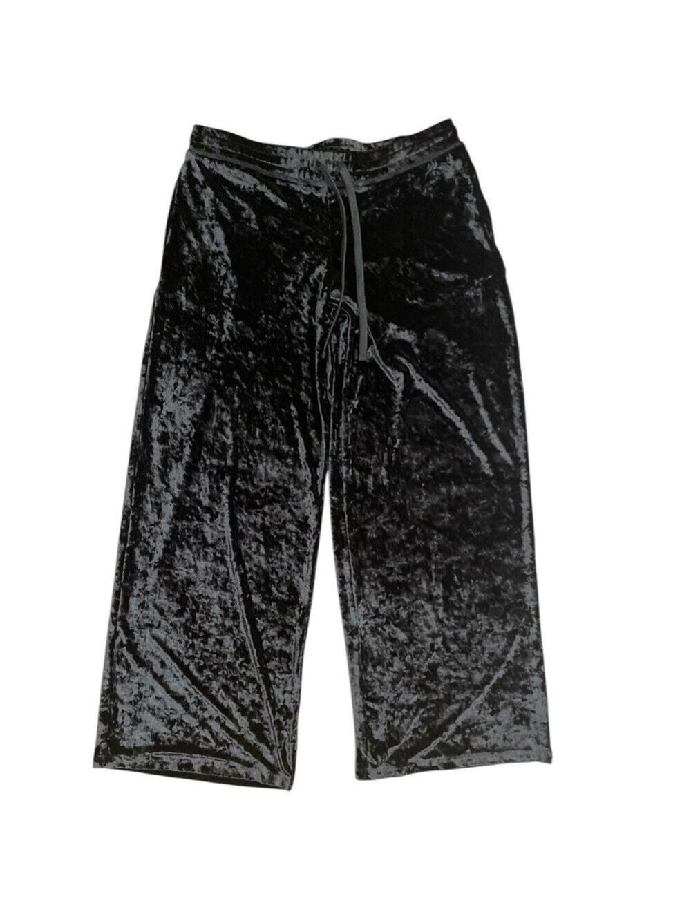 HUE L black crushed velvet pull on drawstring/elastic waist wide leg pants heavy